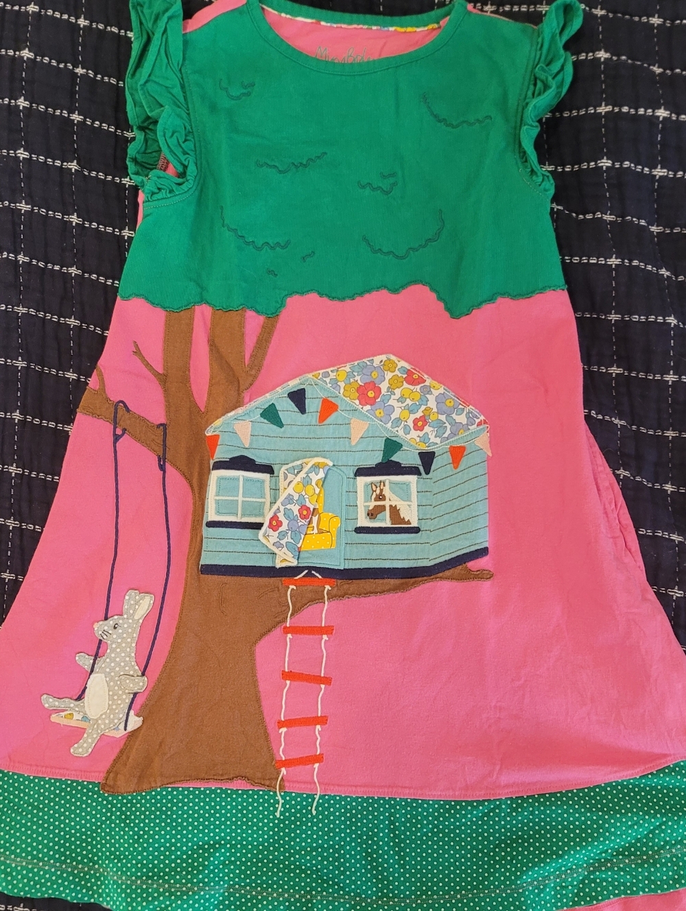 Mini Boden Girls Pink & Green Treehouse Applique Lift The Flap Dress